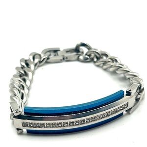 Blue bar rhinestone chain bracelet silver tone chunky modern